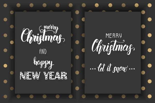 圣诞贺卡上印有时尚的字母 圣诞快乐 新年快乐 让它降雪吧 背景为金狗 — 图库矢量图片