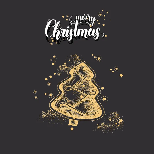 手描きのドアの黄金のクリスマスツリーと輝きとクリスマスカード メリークリスマス と引用した スケッチ バナー ポスター チラシ パンフレット 結婚式 — ストックベクタ