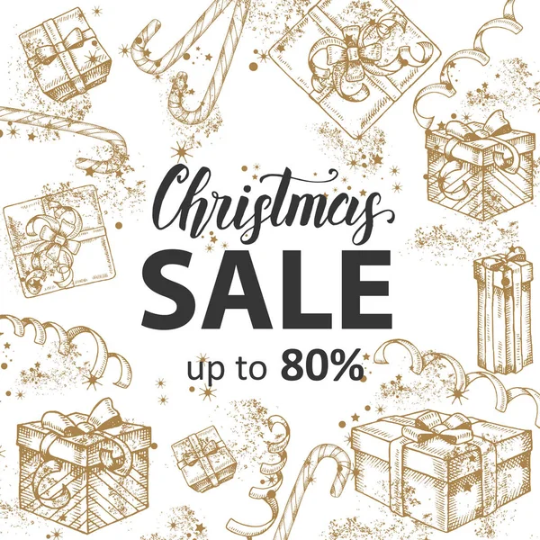 Vector Christmas Sale Banner Hasta Letras Boceto Doodle Dibujado Mano — Vector de stock