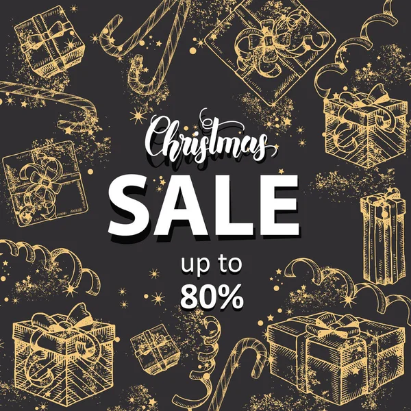 Vector Christmas Sale Banner Hasta Letras Boceto Doodle Dibujado Mano — Vector de stock