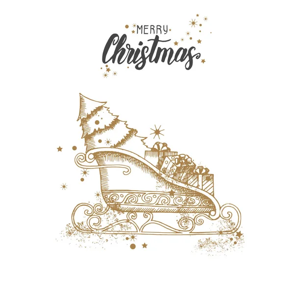 Carte Noël Avec Gribouille Dessinée Main Noël Doré Traîneau Père — Image vectorielle