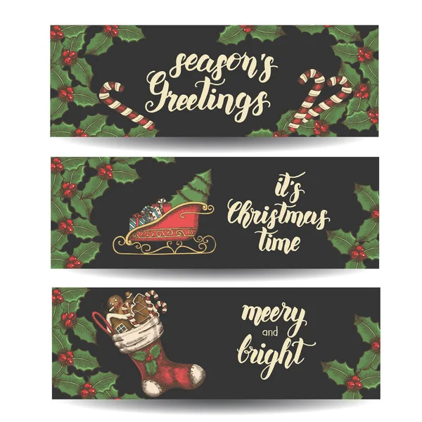圣诞横幅上有寄生叶 袜子和姜饼 糖果和圣诞老人的雪橇黑色 现在是圣诞节 节日的问候 欢乐而明亮 — 图库矢量图片