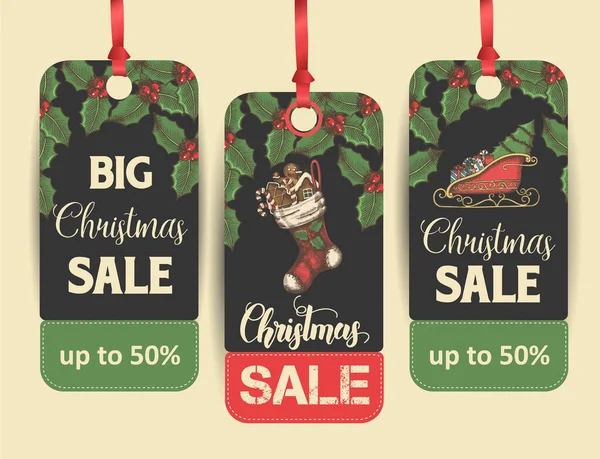 Set Etiquetas Christmas Sale Con Letras Hechas Mano Objetos Símbolos — Vector de stock