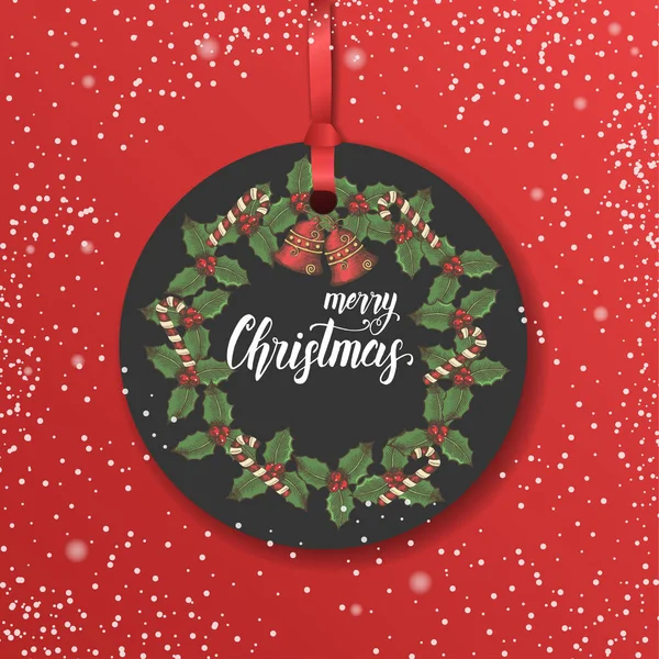 Vecteur Étiquette Vintage Noël Avec Couronne Dessinée Main Feuilles Houx — Image vectorielle
