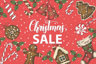 El yapımı yazması ve el yapımı altın ve siyah festival eşyalarıyla Noel indirimi afişi. Alışveriş yap. Yeni yıl. Robot resim. Pankart, el ilanı, broşür. Reklamcılık