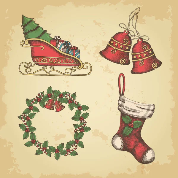 Ensemble Cloches Noël Vintage Dessiné Main Couronne Houx Traîneau Chaussettes — Image vectorielle