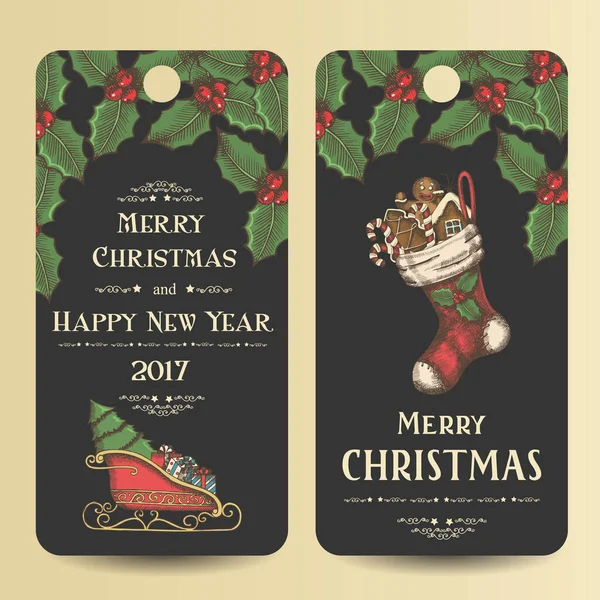 圣诞横幅上有寄生叶 袜子和姜饼 糖果和圣诞老人的雪橇黑色 手做了时髦的字母 圣诞快乐 新年快乐 手绘草图 — 图库矢量图片