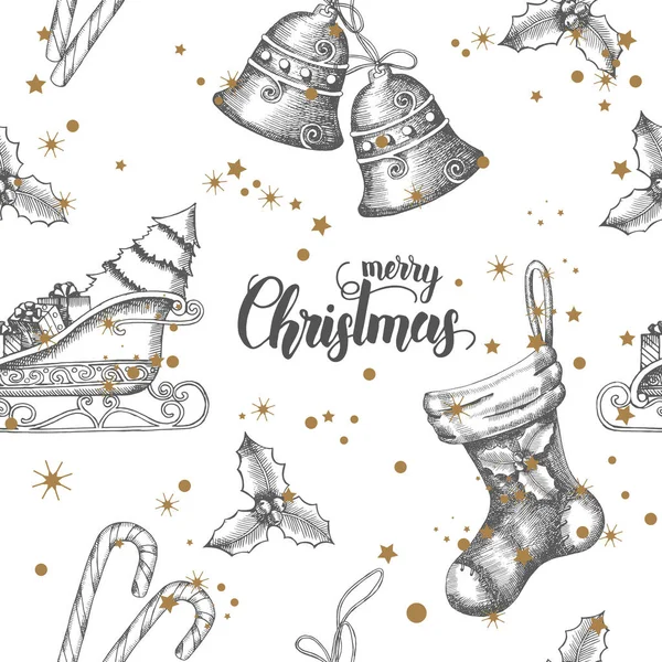 Fond Sans Couture Avec Cloches Dessinées Main Traîneau Père Noël — Image vectorielle