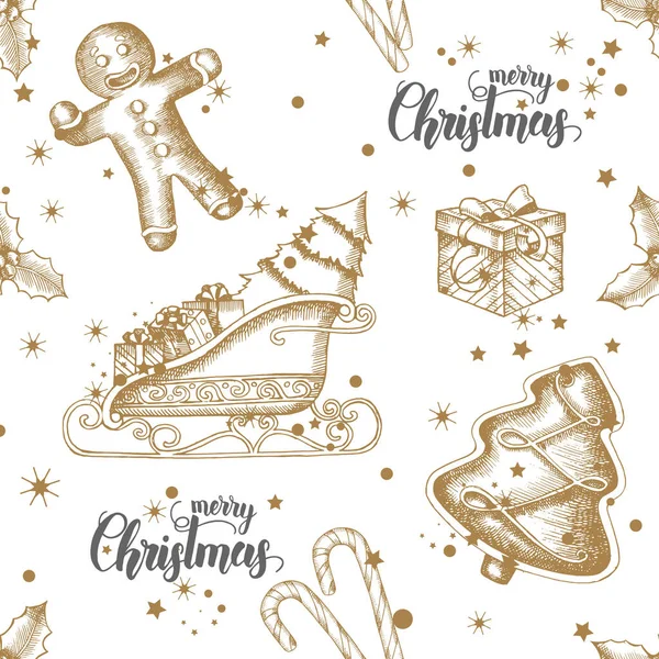 Christmas Seamless Background Hand Drawn Gingerbread Candy Santa Sleigh Gifts — Stock Vector