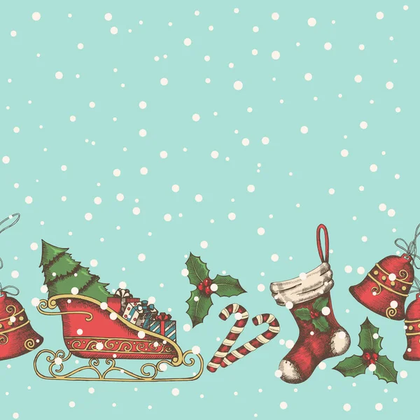 Fond Sans Couture Avec Cloches Dessinées Main Traîneau Père Noël — Image vectorielle