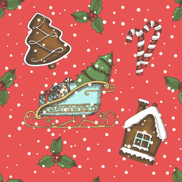 Fond Sans Couture Noël Avec Pain Épice Dessiné Main Bonbons — Image vectorielle