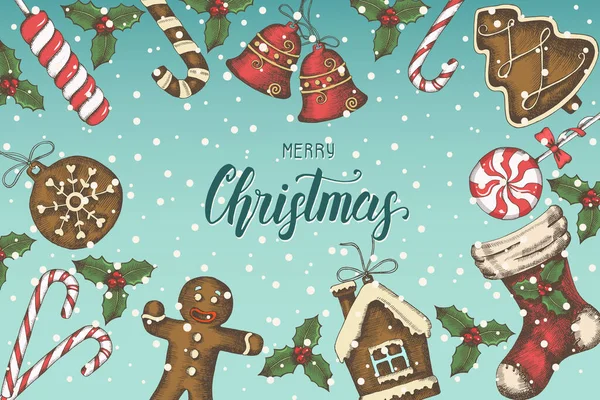 Festlicher Weihnachtlicher Hintergrund Mit Handgezeichneten Stechpalmenblättern Glocken Lebkuchen Und Weihnachtssocken — Stockvektor