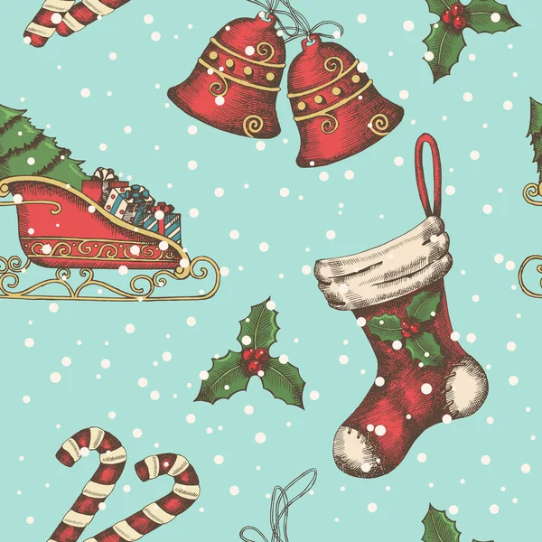 手描きの鐘 サンタのそり キャンディー ホリー 靴下でシームレスな背景 新年だ クリスマスパターンは ウェブページの背景 表面のテクスチャ パッケージ — ストックベクタ