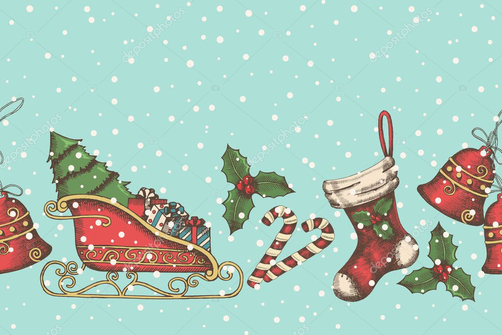 Seamless background with hand drawn bells, santa's sleigh, candy, holly and sock. New year. Christmas pattern can be used for wallpaper, web page background, surface textures, textile, package, banner