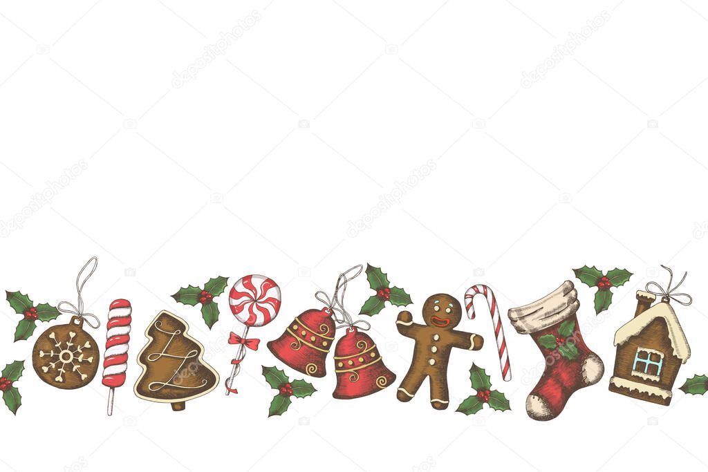 Vintage seamless pattern with hand drawn christmas objects and hand made lettering 