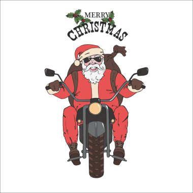 Vektör Noel Baba sırt çantasıyla motosiklete biniyor. Beyaz üzerine izole edilmiş vektör renk vintage illüstrasyonu. Elle çizilmiş. Robot resim. Noel Baba-motorcu. Mutlu Noeller ve mutlu yıllar. 