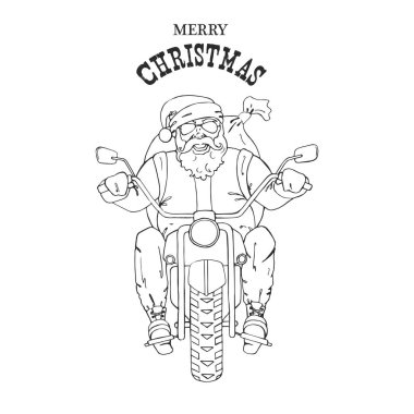 Vektör Noel Baba sırt çantasıyla motosiklete biniyor. Beyaz üzerine izole edilmiş vektör karalama klasik illüstrasyon. Elle çizilmiş. Robot resim. Noel Baba-motorcu. Mutlu Noeller ve mutlu yıllar. 