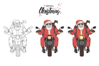 Vektör Noel Baba sırt çantasıyla motosiklete biniyor. Beyaz üzerine izole edilmiş vektör karalama ve renkli vintage çizim. Elle çizilmiş. Robot resim. Noel Baba-motorcu. Mutlu Noeller ve mutlu yıllar. 