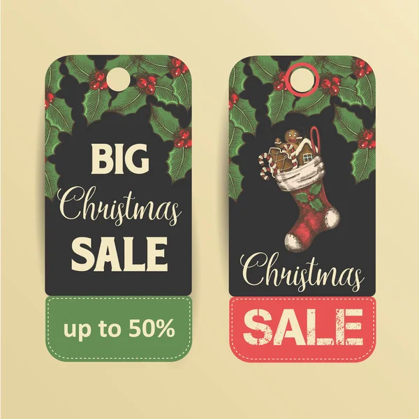 两个圣诞销售标签 手绘的圣诞礼物 Gingerbreads 高达50 — 图库矢量图片