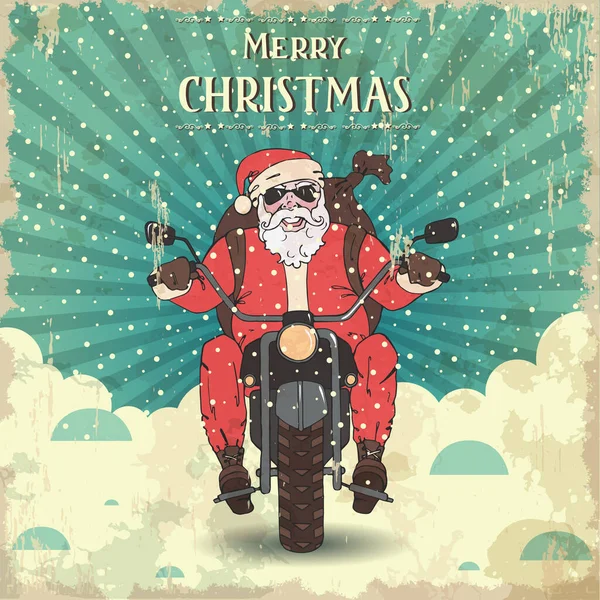ベクトルサンタクロースは贈り物のバックパックでオートバイに乗る ベクトルカラーヴィンテージイラスト 手描き スケッチ サンタバイク メリークリスマスとハッピーニューイヤー — ストックベクタ