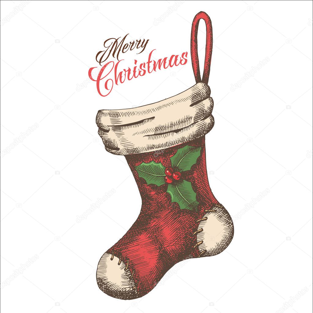 Vintage Christmas sock with holly hand-drawn. Sketch. Happy New Year and Merry Christmas.