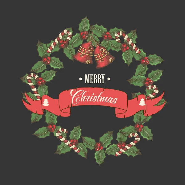 黒のグリーティング碑文とホリー 鐘やキャンディーの葉の花輪とベクトルヴィンテージクリスマスのポストカード メリークリスマス手描きのスケッチ — ストックベクタ
