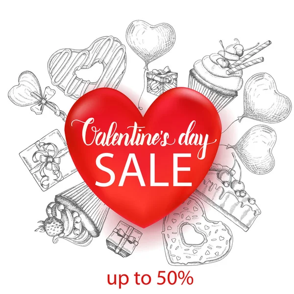 Valentine Day Sale Fundo Com Objetos Desenhados Mão Doodle Estilo —  Vetores de Stock