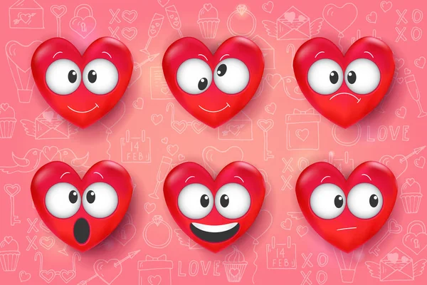 Adoro Emoji Coleção Engraçada Coração Para Dia Dos Namorados Fundo — Vetor de Stock