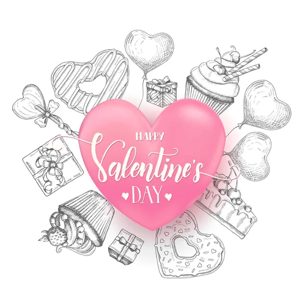 День Святого Валентина Задньому Плані Каракулями Намальованими Єктами Стилі Ескізного — стоковий вектор