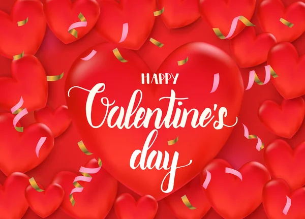 赤い背景に3次元の赤いハートを持つバレンタインデーの背景 Happy Valentines Day 手書きのフレーズ — ストックベクタ
