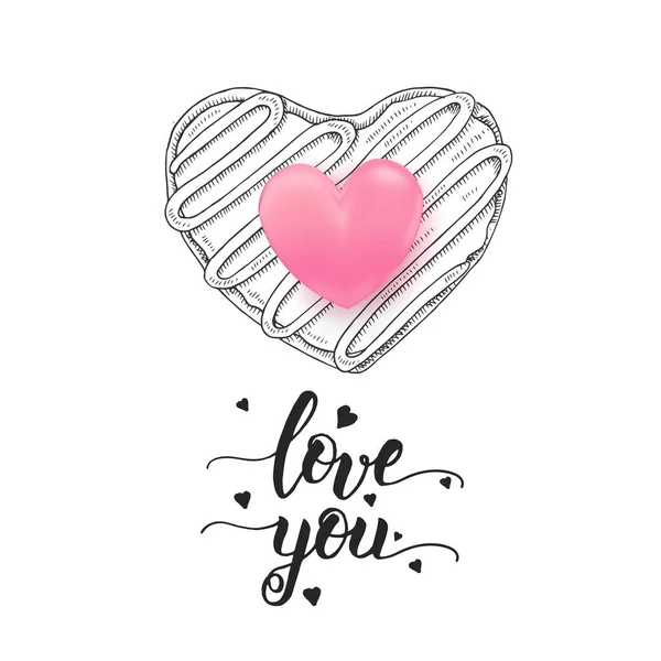 愛あなた 手書きの動機引用符 白と3Dピンクの心に隔離された手描きのドードルドーナツ 書道のフレーズを手紙 ハッピーバレンタインデー — ストックベクタ