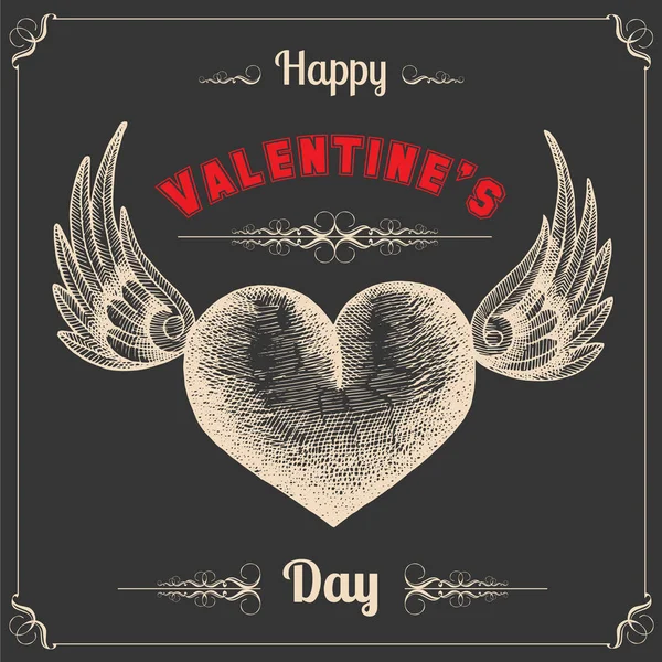 Вітання Вінтажних Карток Днем Святого Валентина Серце Намальованими Крилами Скетч — стоковий вектор
