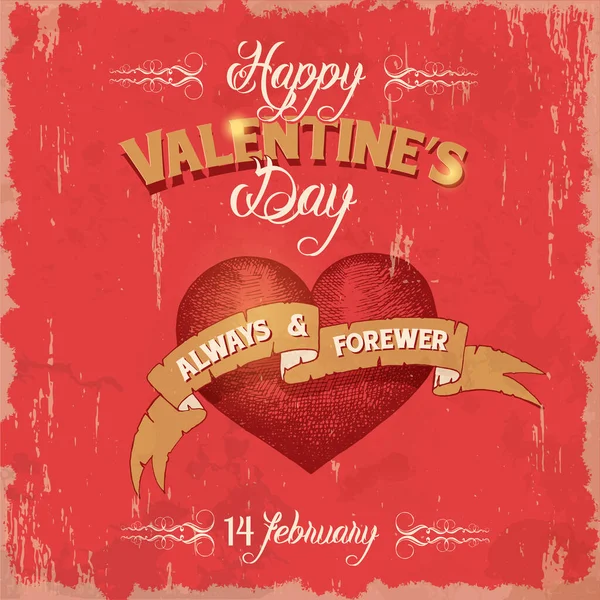 Vintage Poster Valentine Day Heart Ribbons Назавжди Назавжди Золото Червоне — стоковий вектор