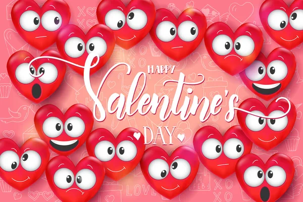 Valentýn Pozadí Love Emoji Růžovém Vzoru Ručně Kreslené Milostné Čáry — Stockový vektor