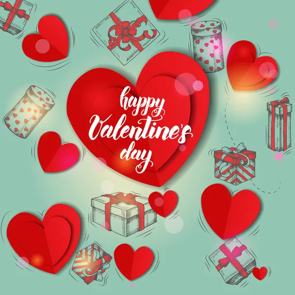 Fondo Festivo San Valentín Con Regalos Dibujados Mano Corazones Cartón — Archivo Imágenes Vectoriales