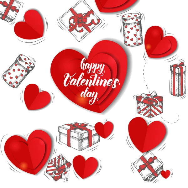 Festlicher Valentinshintergrund Mit Handgezeichneten Kritzelgeschenken Und Pappherzen Gruß Handgefertigtes Zitat — Stockvektor