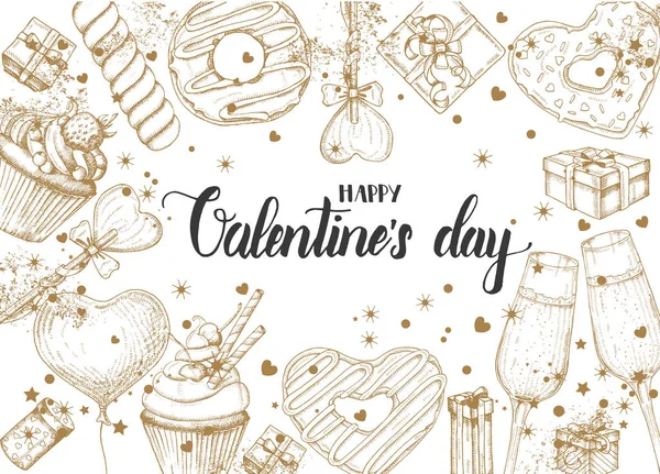 バレンタインデーの背景には スケッチスタイルのロリポップ 釉ドーナツ シャンパンのガラス ギフトボックス カップケーキに描かれたドアの手描きのオブジェクトがあります Happy Valentines Day 手書きのフレーズ — ストックベクタ
