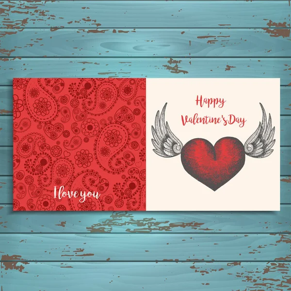 木製の背景にベクトルグリーティングカード ハッピーバレンタインデー 翼を持つ手描きの心 スケッチ ハッチング — ストックベクタ