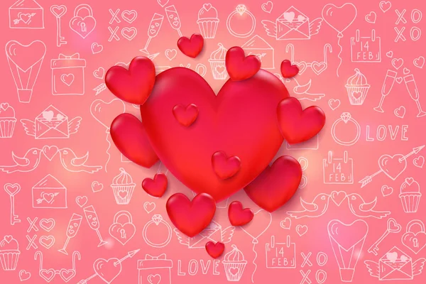手描きの愛ラインアートシンボルとパターン上の3D赤の心を持つバレンタインデーの背景 スケッチ ハッピーバレンタインの日 テキストのためのスペース — ストックベクタ