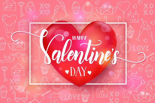 手描きの愛ラインアートシンボルとパターン上の3D赤の心と蛇紋岩とバレンタインの一日の背景 スケッチ 手作り手紙ハッピーバレンタインデー — ストックベクタ