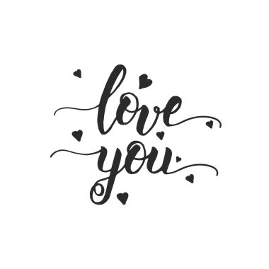 Seni seviyorum- ilham verici ve motive edici bir alıntı ve kalp beyaza izole edilmiş. Kaligrafi cümlesi. Sevgililer Günün kutlu olsun..