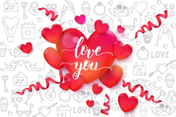 Love You Handwritting Motivational Quote Valentine Day Background Red Hearts — Stock Vector