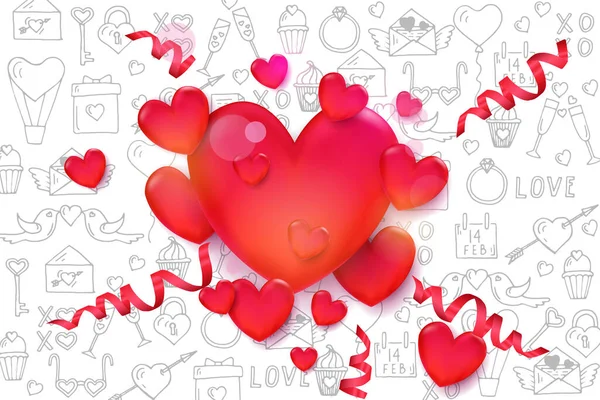手描きの愛ラインアートシンボルとパターン上の3D赤の心と蛇紋岩とバレンタインの一日の背景 スケッチ ハッピーバレンタインの日 テキストのためのスペース — ストックベクタ