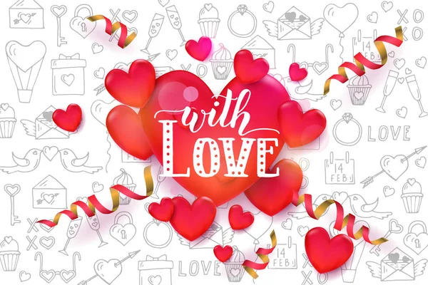 Love Handwritting Motivational Quote Valentine Day Background Red Hearts Serpentine — Stock Vector