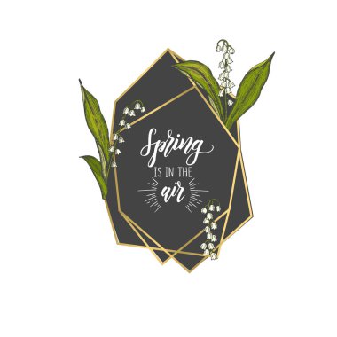 Geometrik elmas şekilli altın çerçeve ve beyaza izole edilmiş vadi zambakları. Düğün için altın çerçeveler, doğum günü davetiyeleri. Mektup - Havada bahar kokusu var