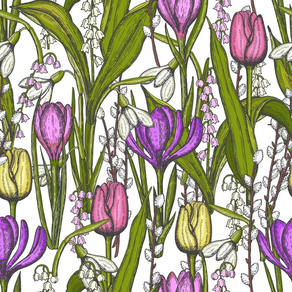Spring seamless pattern with hand drawn flowers lilies of the valley, willow, tulip, snowdrop, crocus. Pattern can be used for wallpaper, web page background, surface textures.