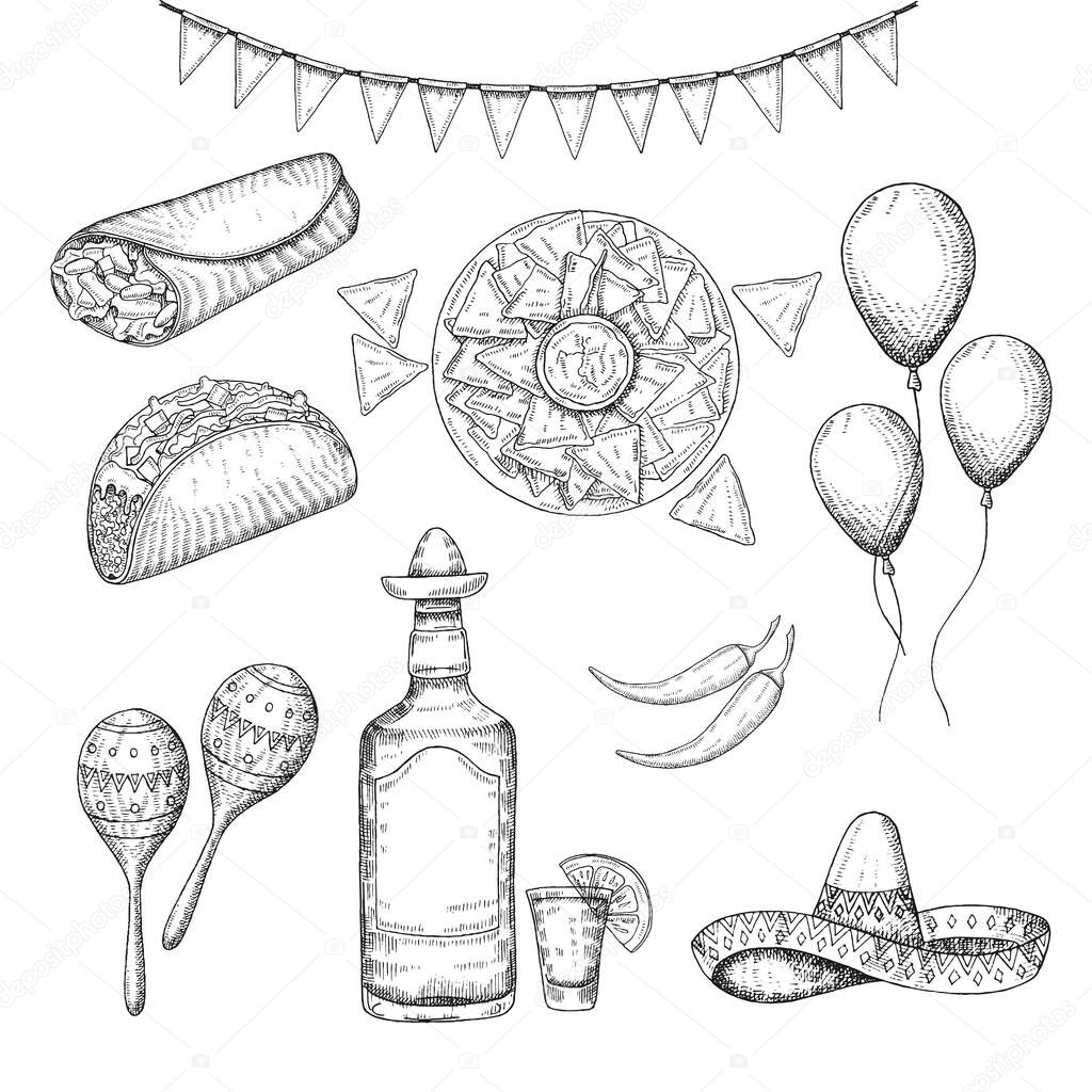 Cinco de Mayo vector colored Set. Hand drawn symbols - chili pepper, maracas, sombrero, nachos, tacos, burritos, tequila, balloons, flag garland isolated on white. Sketch. Mexican food and objects
