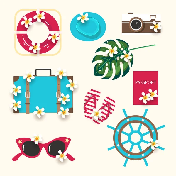 Summer Icons Set Exotic Palm Leaves Camera Hat Lifebuoy Passport — ストック写真