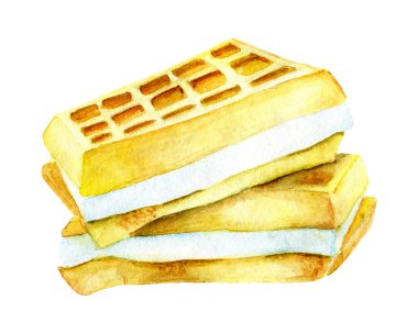 Belçika veya Viyana gözleme. Viyana gözleme suluboya resim. Raster Belçika waffle. Beyaz arka plan üzerinde izole tatlı resim. Belçika waffle krema dolgulu. Waffle menü kullanılabilir.