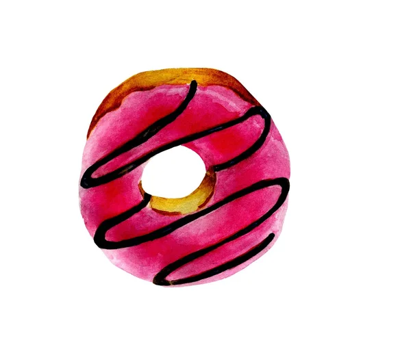 Ringdiagram. Akvarell donut. Donut med en rosa iskallt. Handritad realistiska färgglada bakverk. Ringdiagram kan användas för kort, vykort, bröllop kort, inbjudan, födelsedag, meny, recept. — Stockfoto